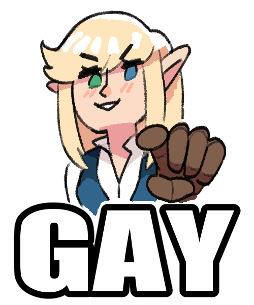 Doodle of Caelle pointing at the viewer, with the word ‘GAY’ written beneath her in all caps impact font.